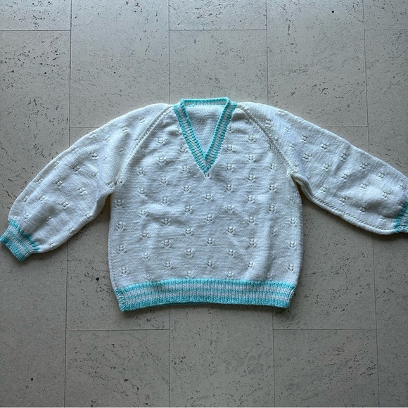 Hand Knit Oversized White Vneck Varsity Style Sweater - Picture 7 of 7